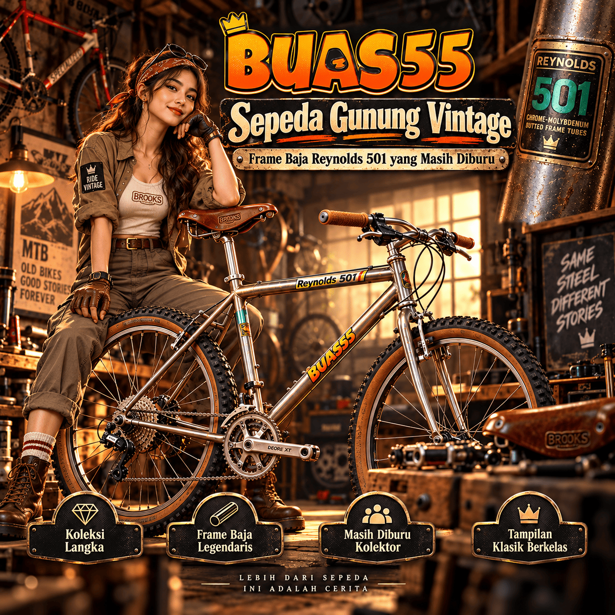 BUAS55 sepeda gunung vintage frame baja Reynolds 501